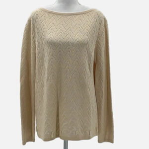 St. John Sport Boatneck Pointelle Knit Wool Blend Sweater in Tan - Size Large